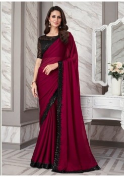 Black And  Dark Pink Silk Designer Saree